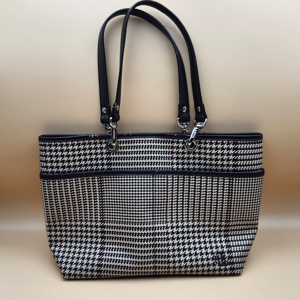 Lauren Ralph Lauren Black Tan Brown Houndstooth Plaid Handbag Purse Tote Bag